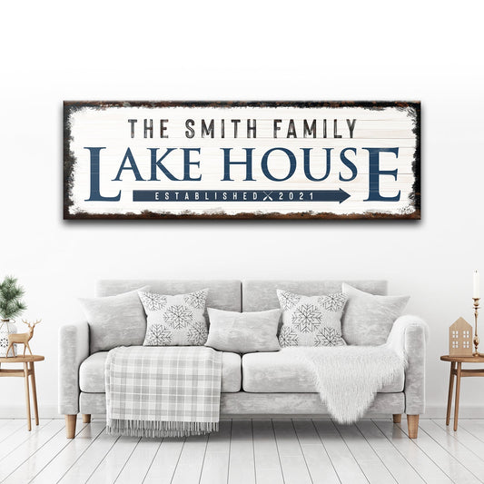 Family Lake House personalized arrow canvas sign with rustic directional lettering