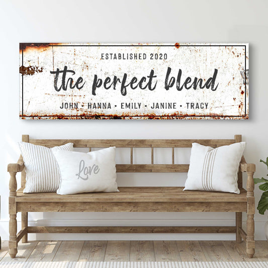 The Perfect Blend coffee bar canvas sign with rustic lettering for a kitchen