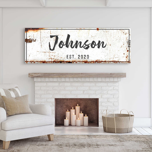 Personalized family name rustic canvas sign on a wall