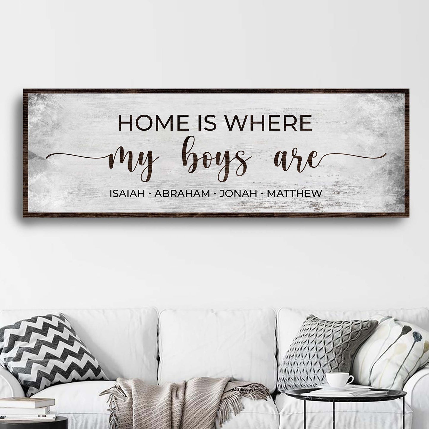 Home Is Where My Boys Are personalized canvas sign for a family wall, ready to hang
