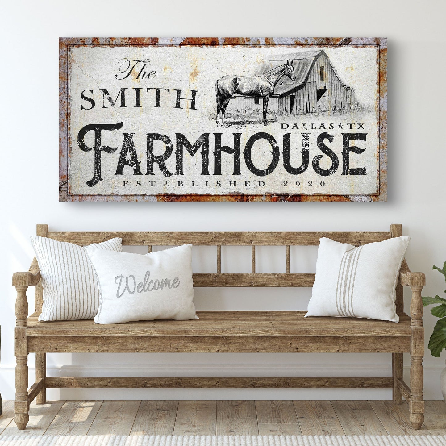 Rustic horse farmhouse canvas sign with weathered country styling