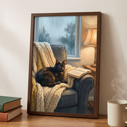 Cozy Cat Reading Poster - The Finishing Touch Your Reading Nook Needs - 20x25 cm / 8x10″ - White frame / Ready-to-hang - Sparkycare