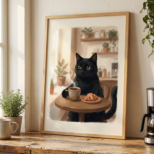 Cat Coffee Wall Art — The Cozy Morning Poster Your Kitchen Has Been Missing - 13x18 cm / 5x7″ - White frame / Ready-to-hang - Sparkycare