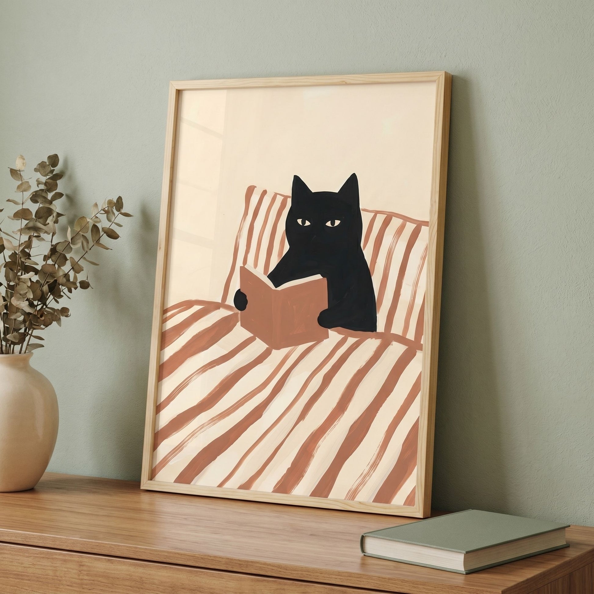 Cat Reading Poster — Framed Wall Art That Gets Cat Lovers and Book Lovers - 13x18 cm / 5x7″ - White frame / Ready-to-hang - Sparkycare