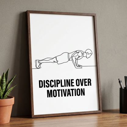 Discipline Over Motivation Poster - Framed Minimalist Line Art - 20x25 cm / 8x10″ - White frame / Ready-to-hang - Sparkycare