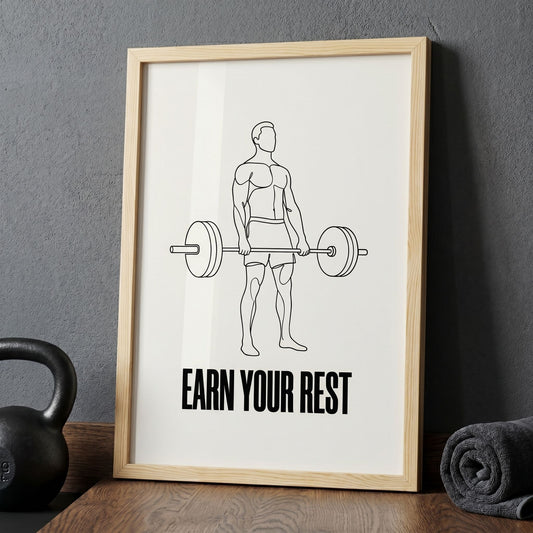Earn Your Rest — Minimalist Deadlift Gym Poster - 13x18 cm / 5x7″ - White frame / Ready-to-hang - Sparkycare
