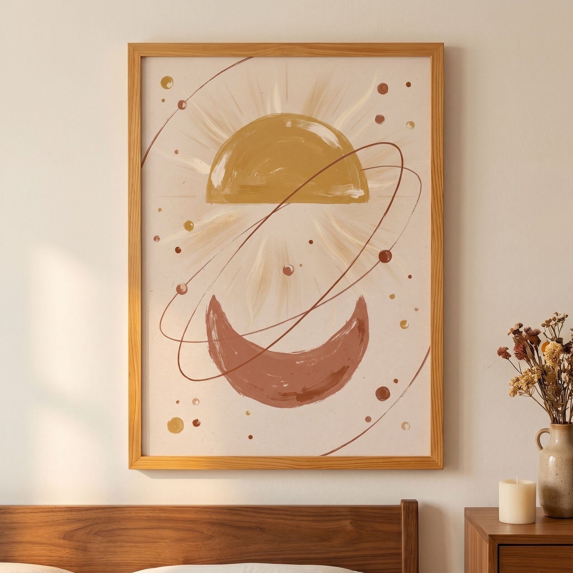 Framed abstract art with celestial design on a wall above a bed.