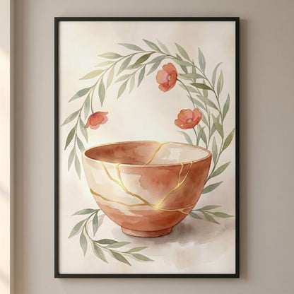 9th Anniversary Gift for Her - Kintsugi Pottery Wall Art - 20x25 cm / 8x10″ - White frame / Ready-to-hang - Sparkycare