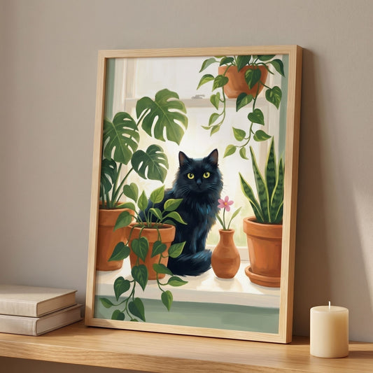 Plant Lover Wall Art — Cat & Houseplants Framed Poster - 13x18 cm / 5x7″ - White frame / Ready-to-hang - Sparkycare