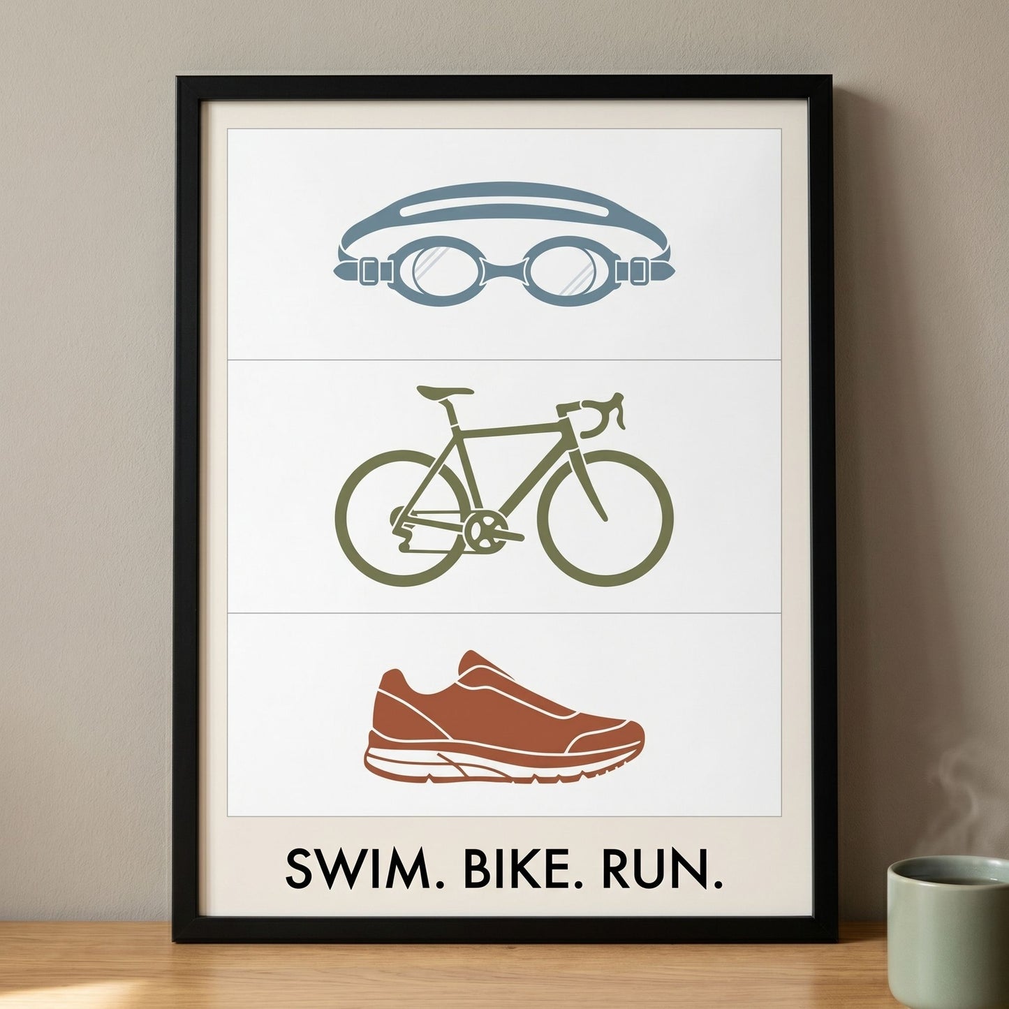 Swim Bike Run Poster: Minimalist Triathlon Icons Wall Art - 13x18 cm / 5x7″ - White frame / Ready-to-hang - Sparkycare