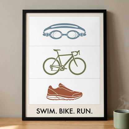Swim Bike Run Poster: Minimalist Triathlon Icons Wall Art - 20x25 cm / 8x10″ - White frame / Ready-to-hang - Sparkycare