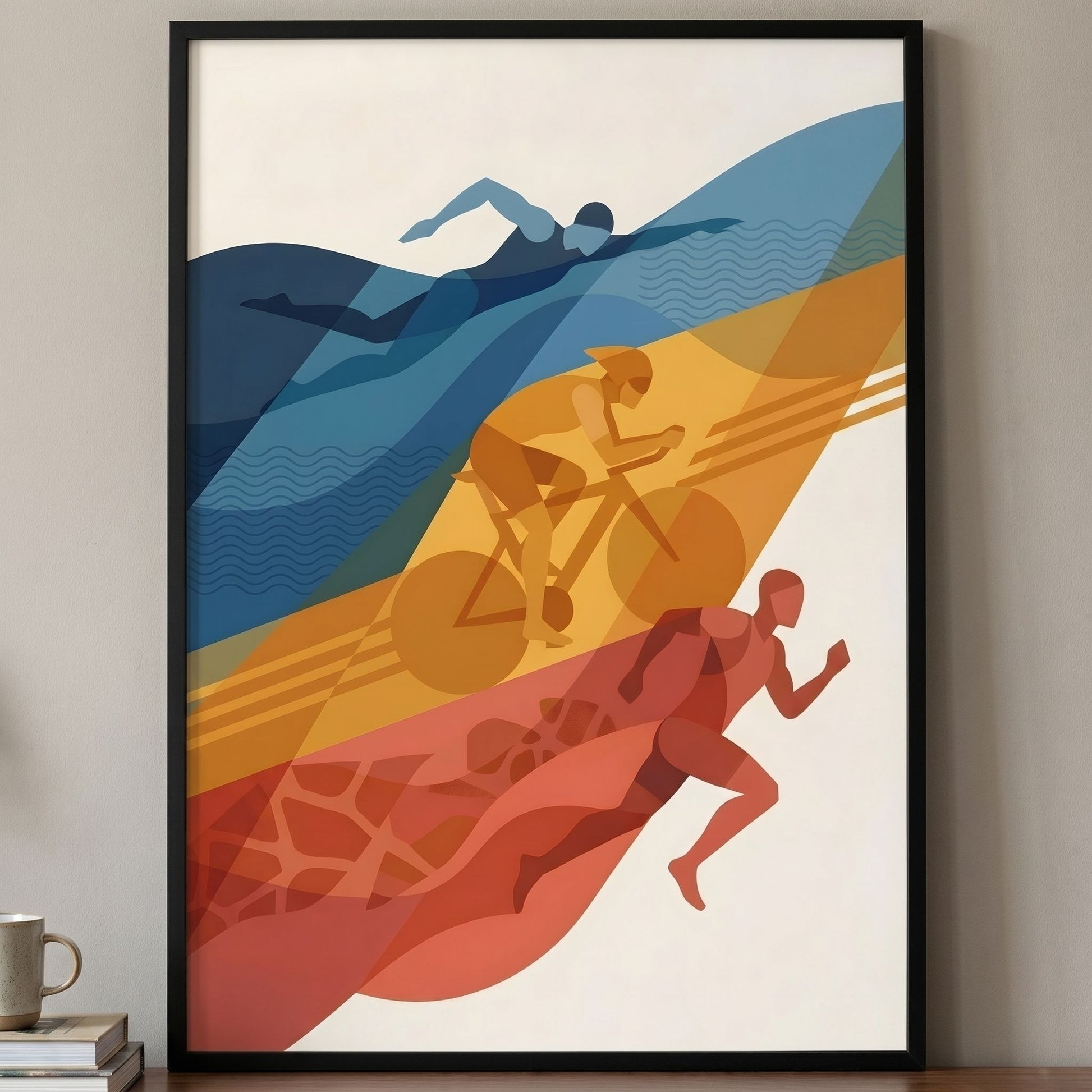 Abstract Triathlon Print: Geometric Swim Bike Run Wall Art - 13x18 cm / 5x7″ - White frame / Ready-to-hang - Sparkycare