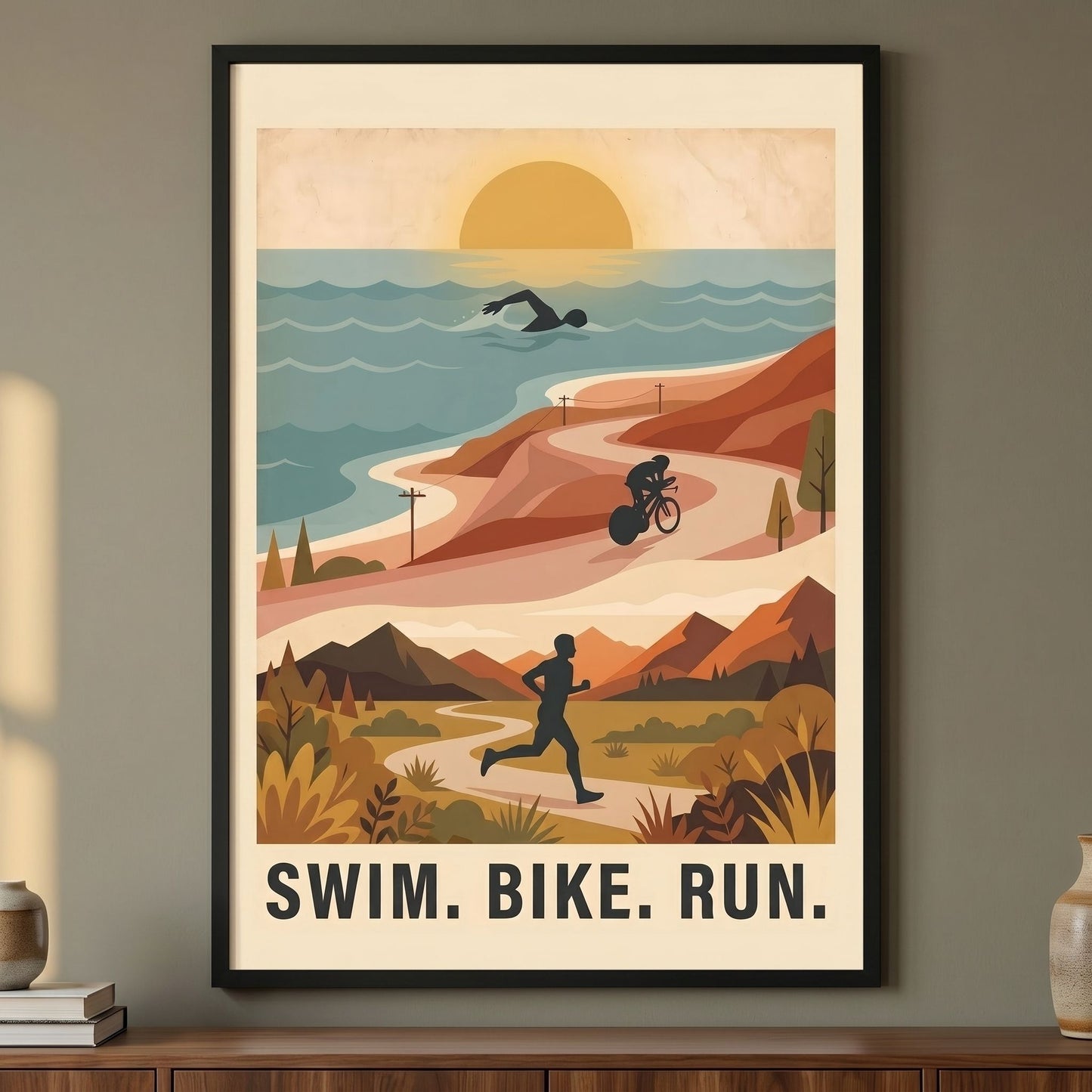 Triathlon Poster: Retro Swim Bike Run Framed Wall Art - 13x18 cm / 5x7″ - White frame / Ready-to-hang - Sparkycare