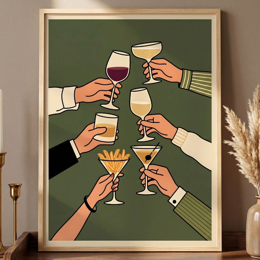 Retro Cheers Cocktail Toast Wall Art, Framed Bar Decor - 13x18 cm / 5x7″ - White frame / Ready-to-hang - Sparkycare