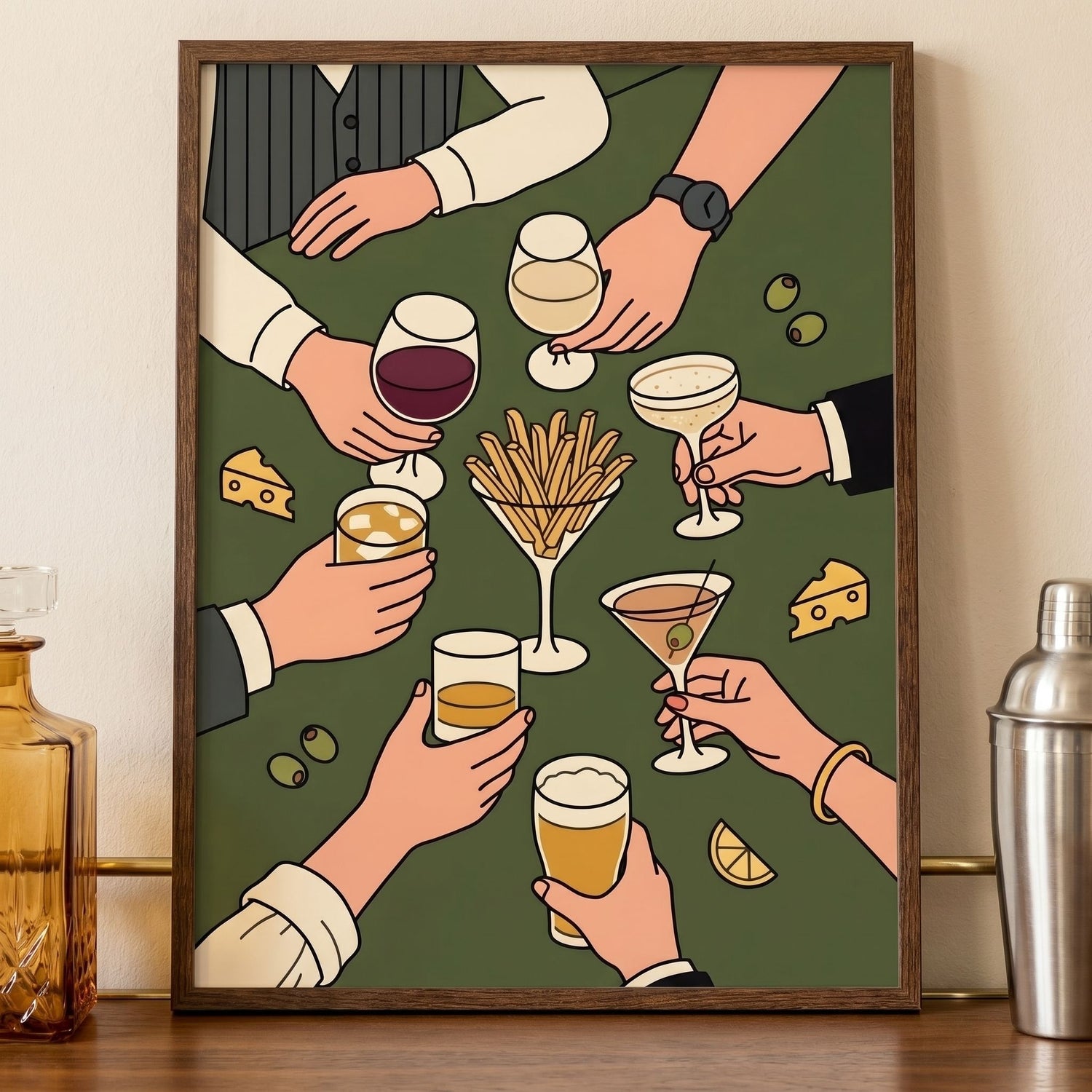 Retro Cocktail Table Art, Framed Bar Cart Decor - 20x25 cm / 8x10″ - White frame / Ready-to-hang - Sparkycare