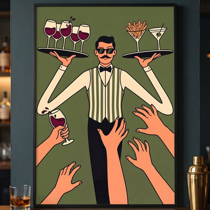 Retro Waiter Bar Art, Framed Server Wall Decor - 20x25 cm / 8x10″ - White frame / Ready-to-hang - Sparkycare