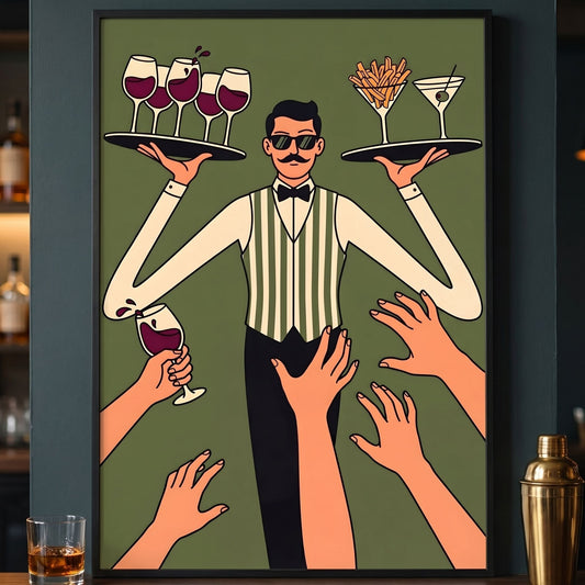 Retro Waiter Bar Art, Framed Server Wall Decor - 13x18 cm / 5x7″ - White frame / Ready-to-hang - Sparkycare