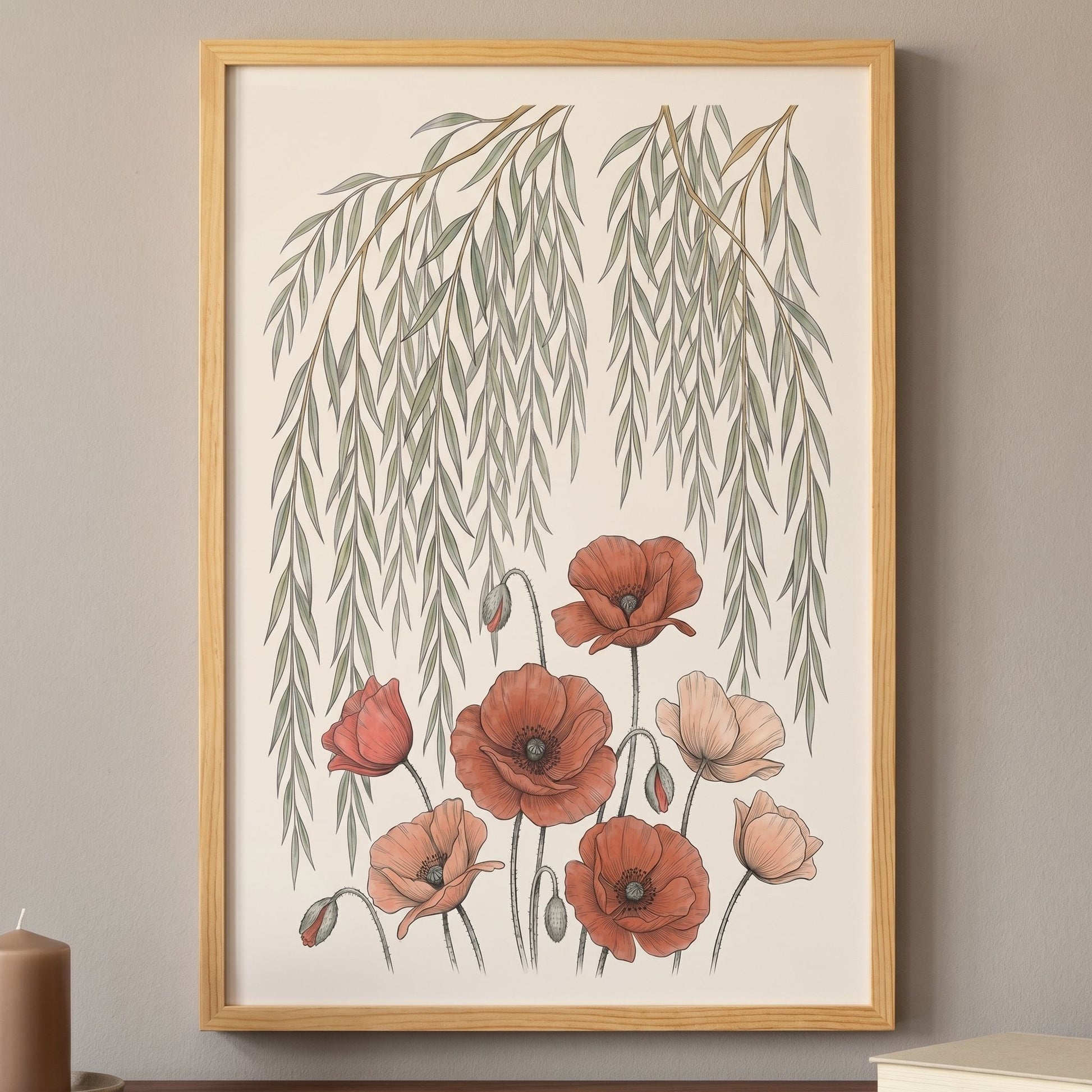 Willow Tree and Poppy Botanical 9th Anniversary Wall Art - 100x150 cm / 40x60″ / Museum-Quality Matte Paper Poster - Sparkycare