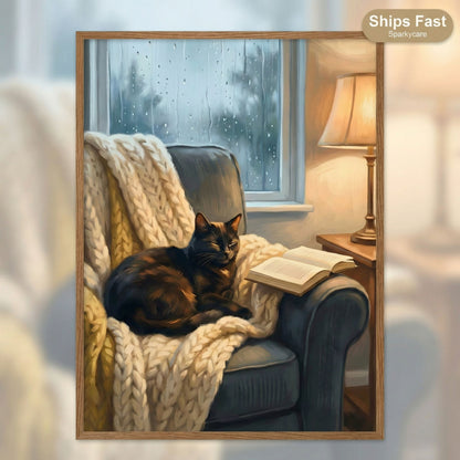 Cozy Cat Reading Poster - The Finishing Touch Your Reading Nook Needs - 20x25 cm / 8x10″ - White frame / Ready-to-hang - Sparkycare