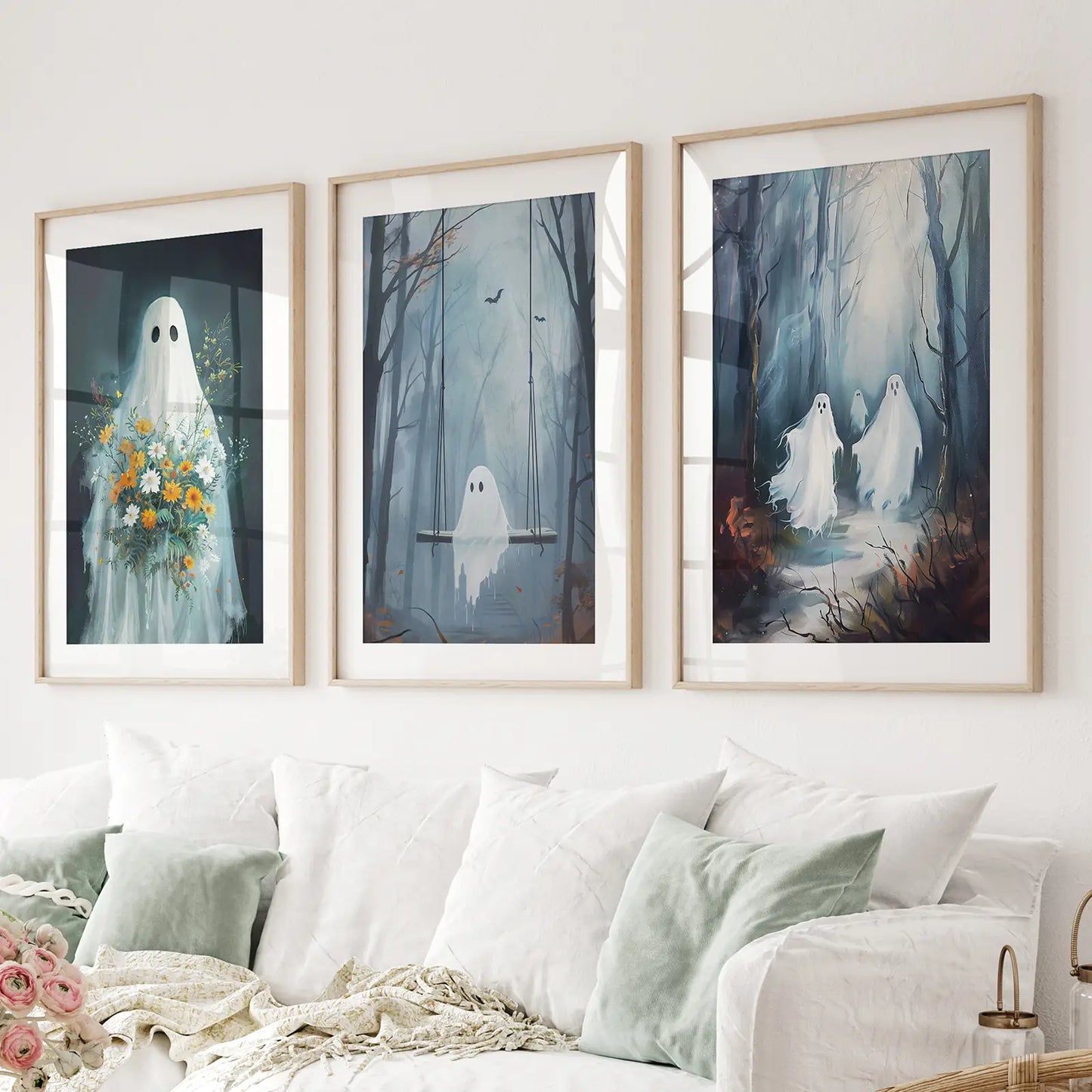 Cute Ghosts Halloween Wall Art Set of 3 Prints