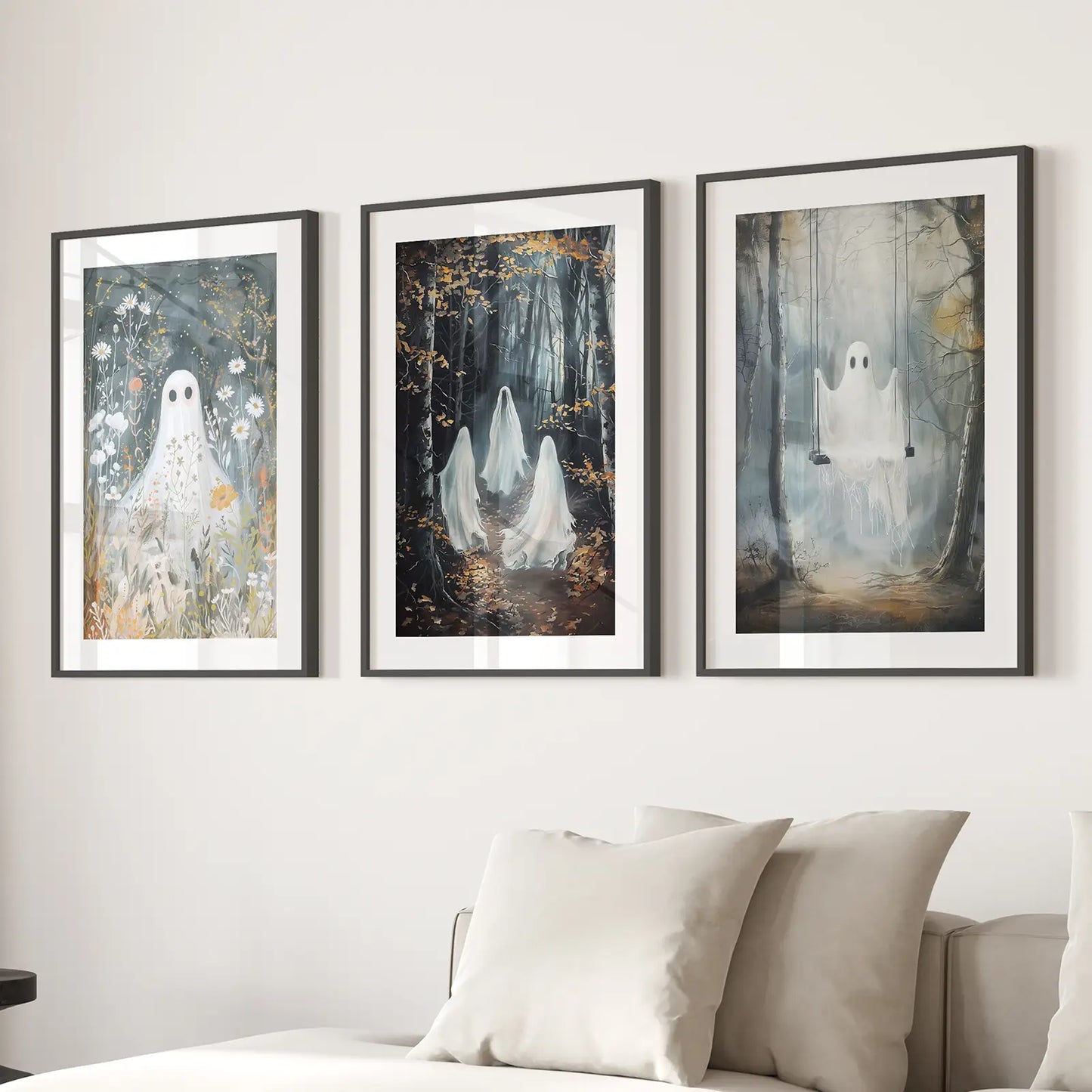 Halloween Ghost Wall Art Set of 3 Gothic Prints