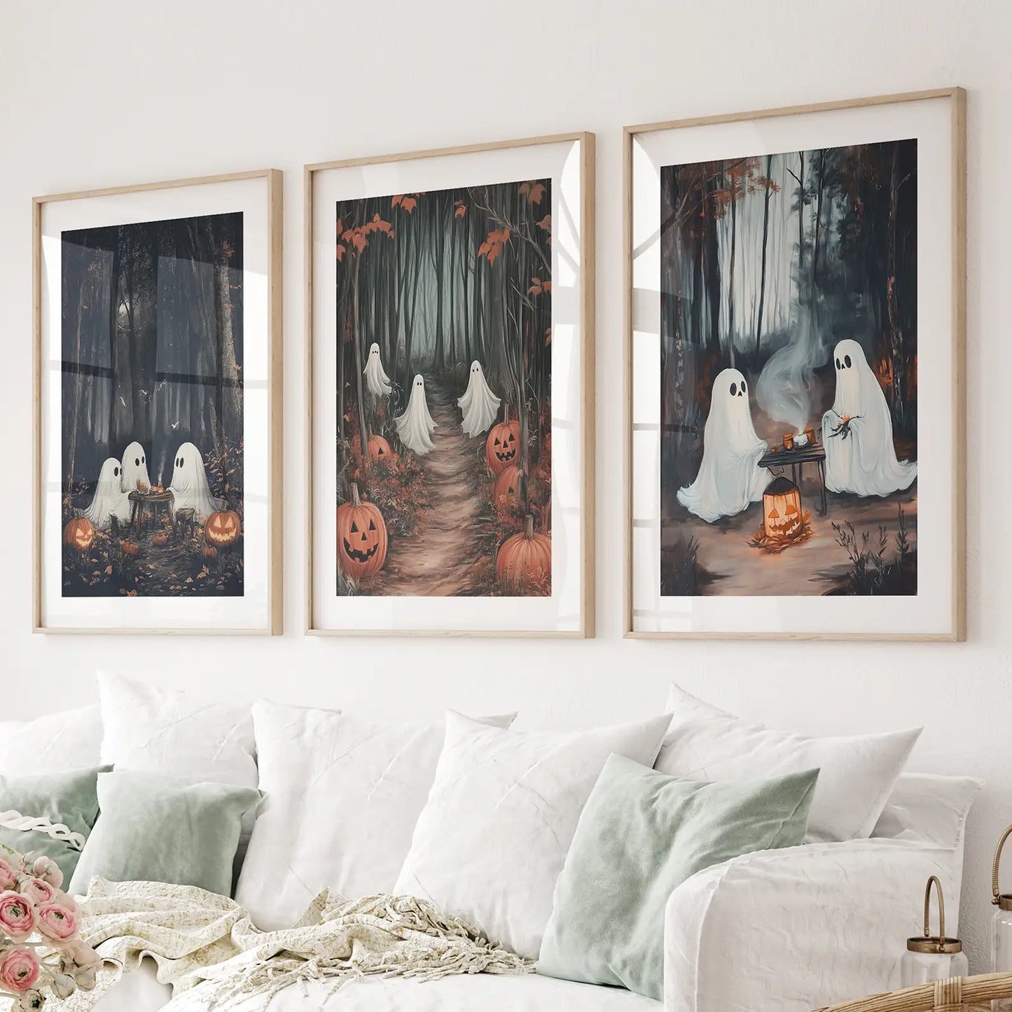 Ghost couple fall forest Halloween wall art set of 3 prints