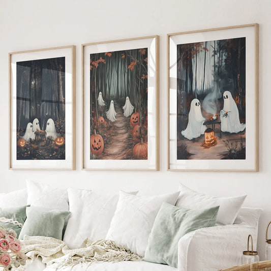 Ghost couple fall forest Halloween wall art set of 3 prints