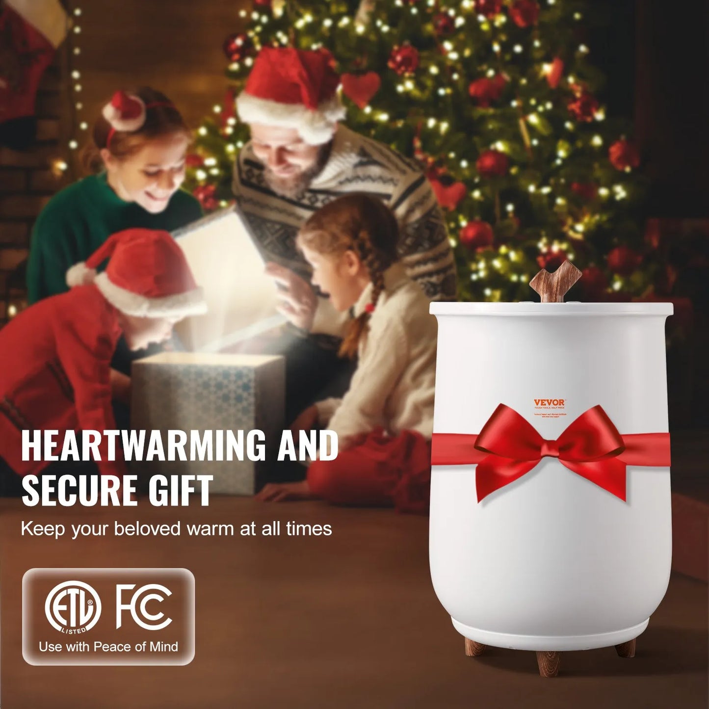 Family opening Christmas gift revealing towel warmer bucket with ETL FCC certification badges