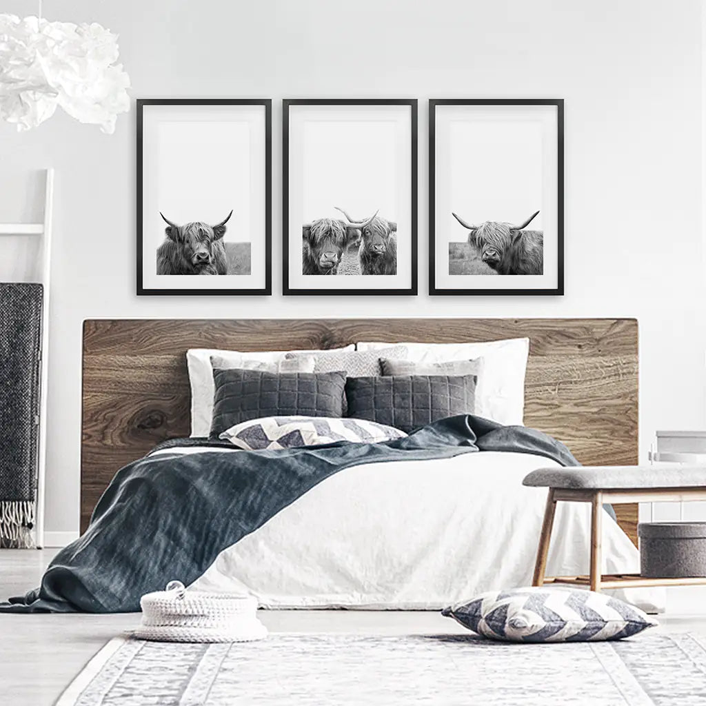 Black White Highland Cow Wall Art Set of 3 Prints