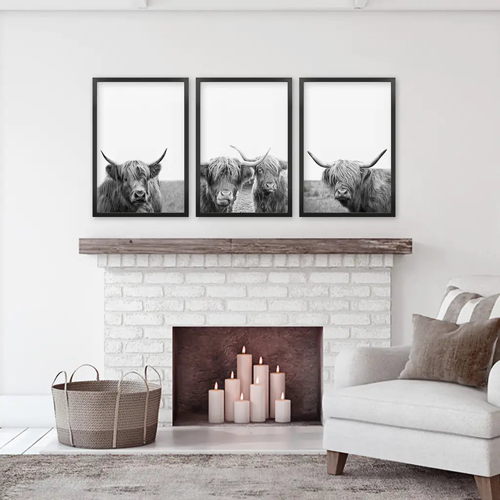 Black White Highland Cow Wall Art Set of 3 Prints