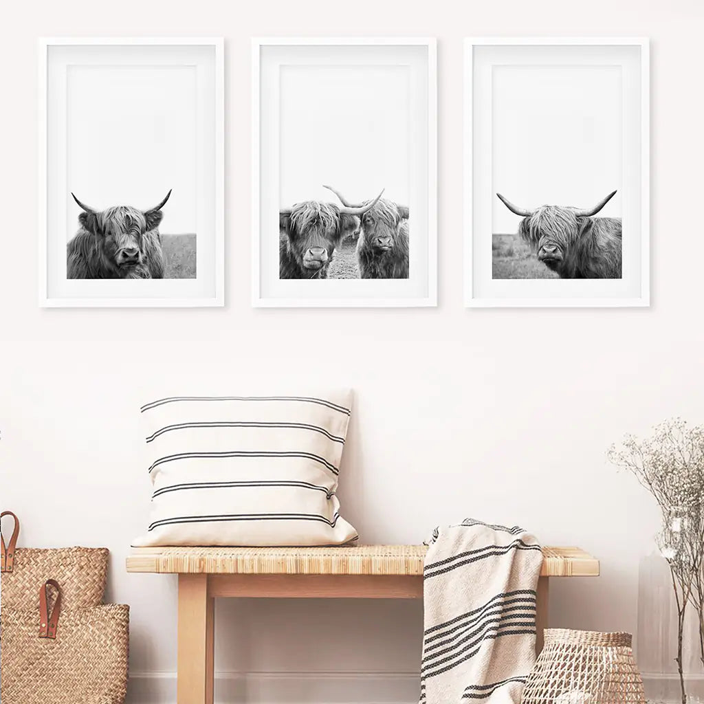 Black White Highland Cow Wall Art Set of 3 Prints