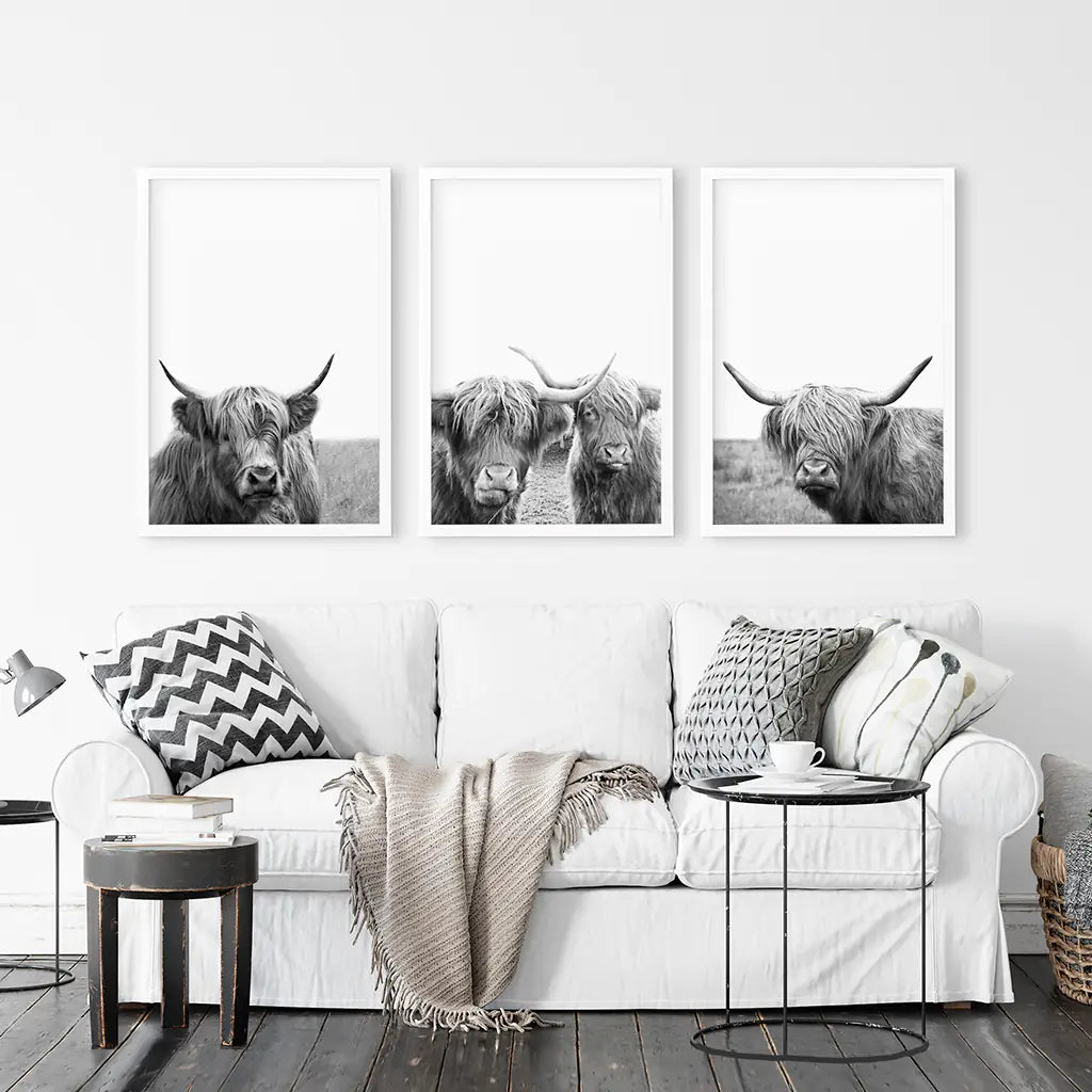 Black White Highland Cow Wall Art Set of 3 Prints