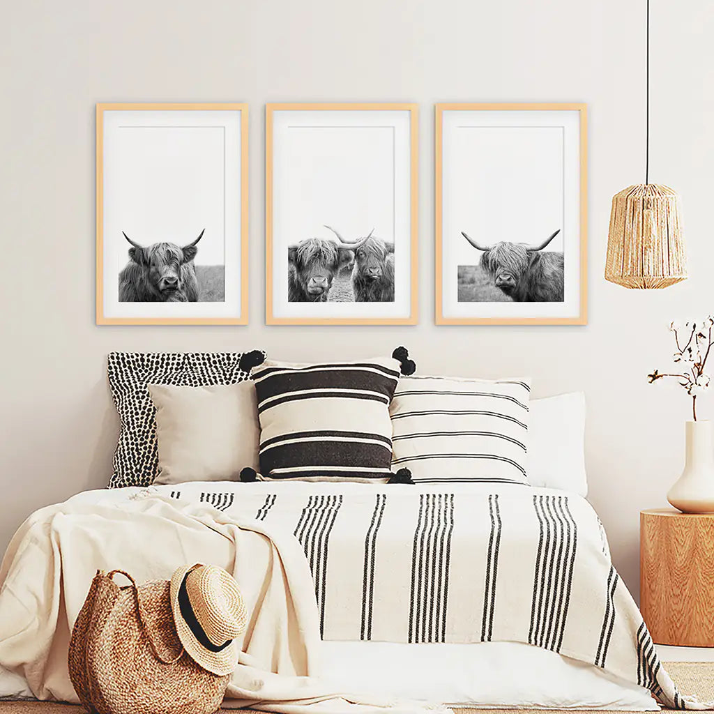 Black White Highland Cow Wall Art Set of 3 Prints