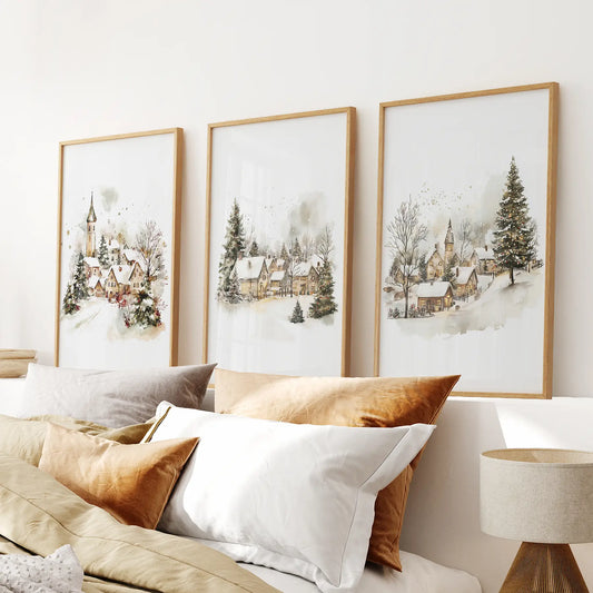 Vintage snowy Christmas wall art set of 3 prints