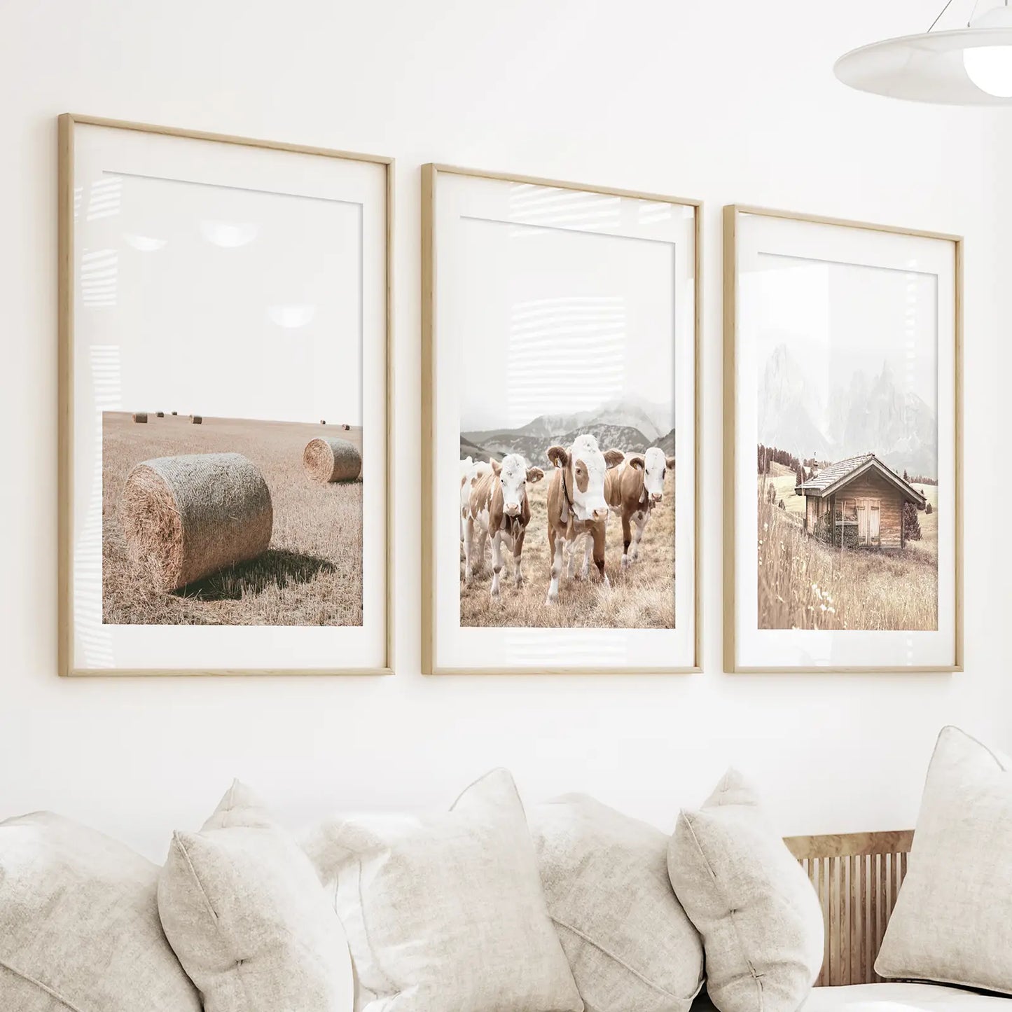 Rustic Farm Wall Art Set of 3. Barn, Cows, Hay Bales