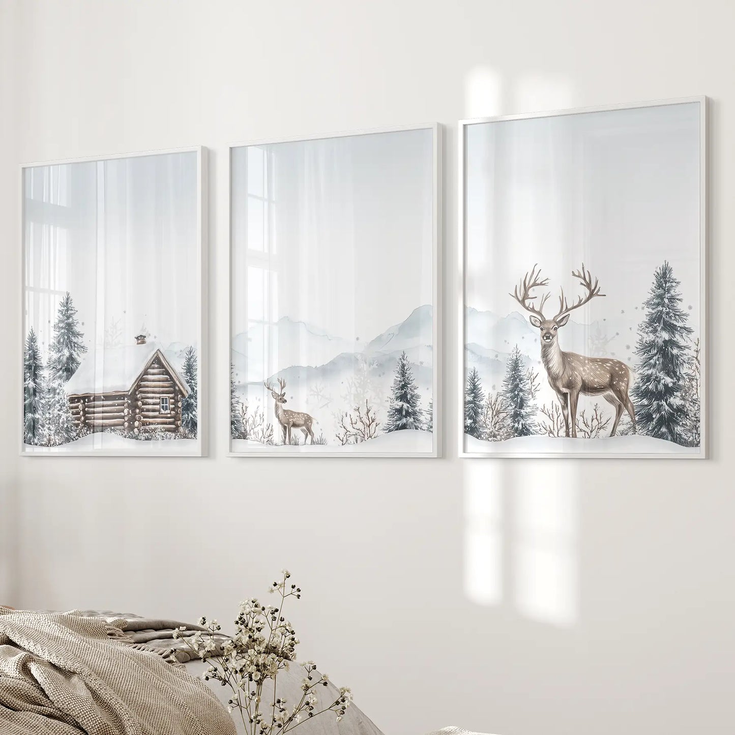 Snowy Deer Winter Wall Art, Woodland 3 Piece Set