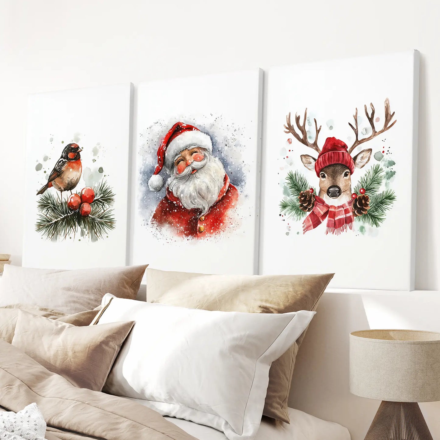 Christmas Print Set of 3 Santa Reindeer Holiday Wall Art