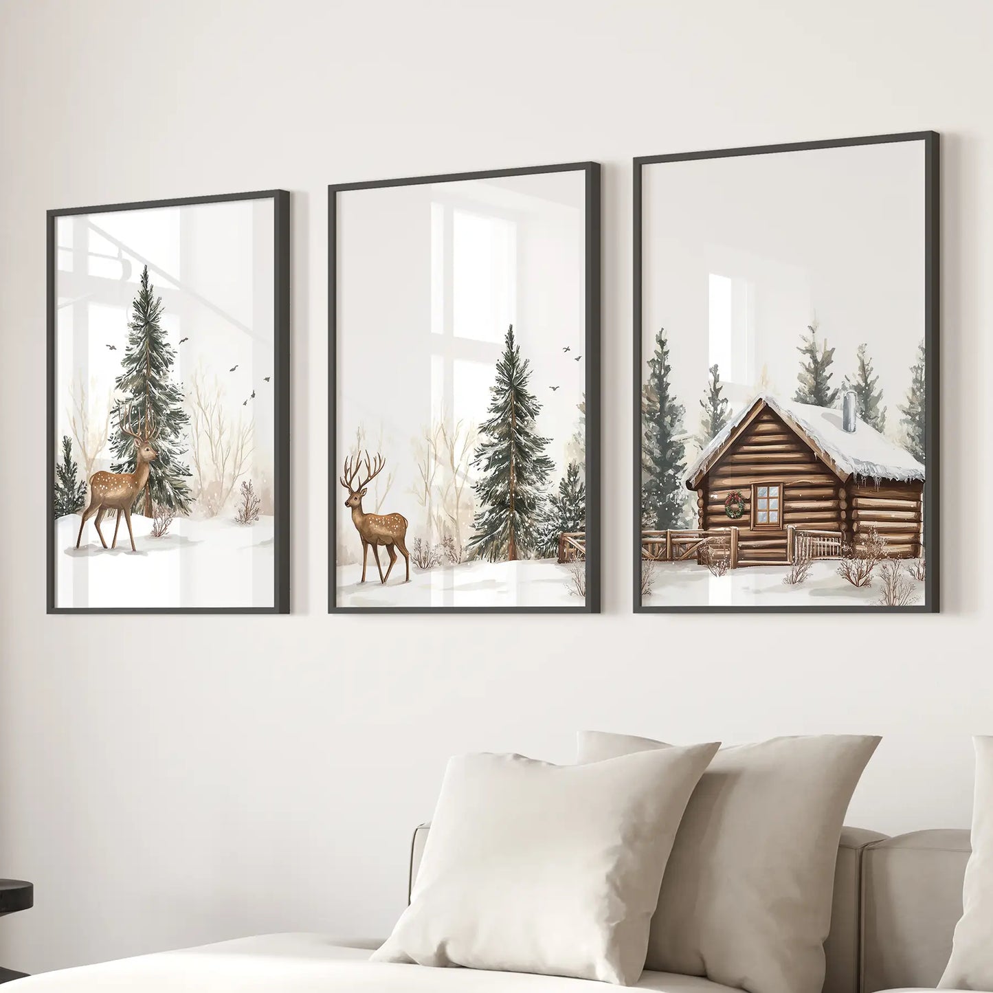 Deer and Cabin Winter 3 Piece Rustic Nordic Wall Art