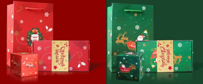 Festive Christmas gift bags and boxes with Santa designs arranged in red and green holiday sets