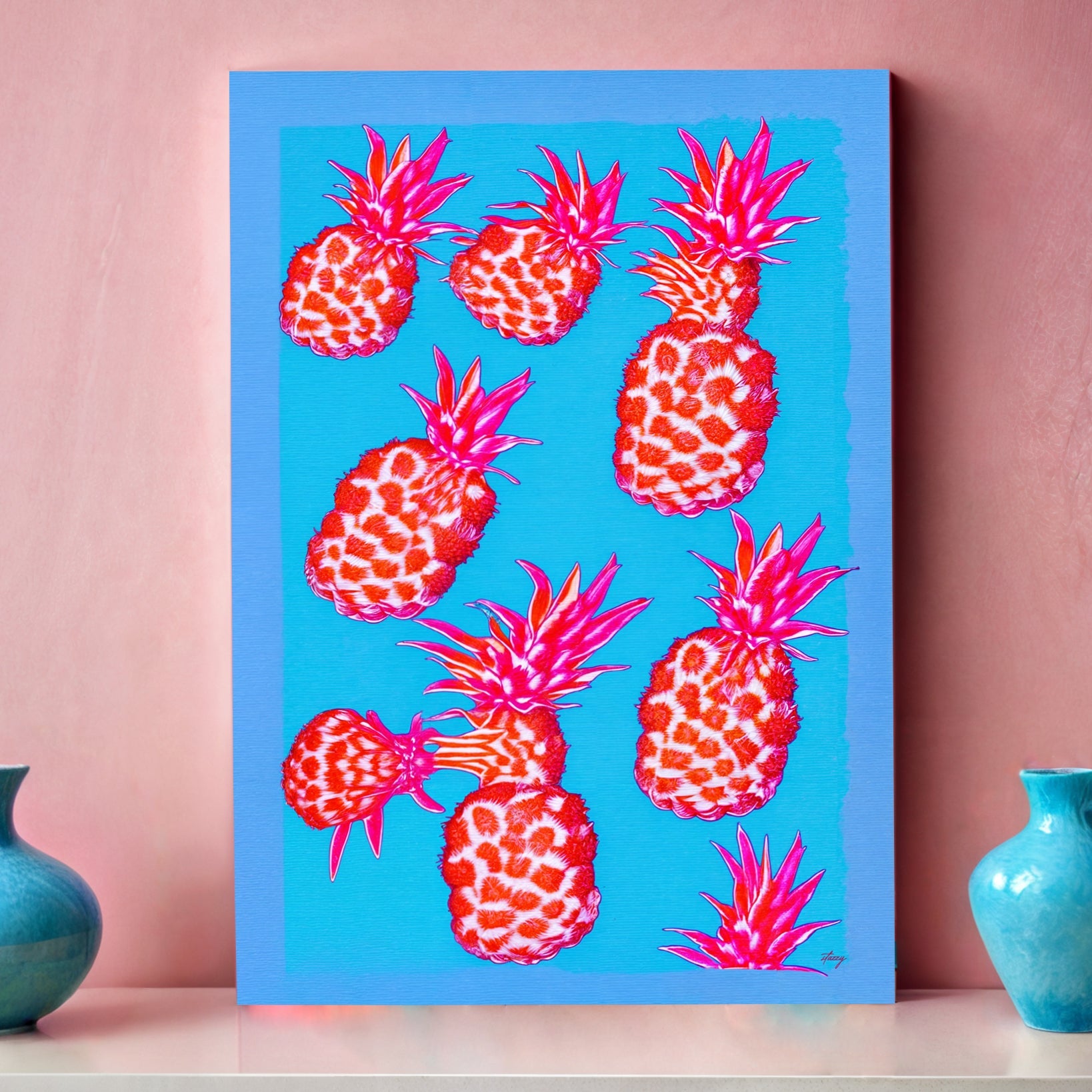 Fever Pina pineapple pop art canvas wall art with vivid colors on blue background