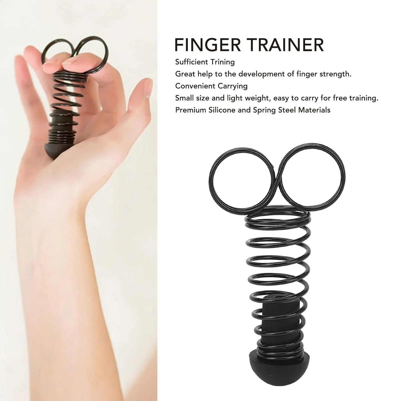 Finger trainer showing premium spring steel coil and dual loop design