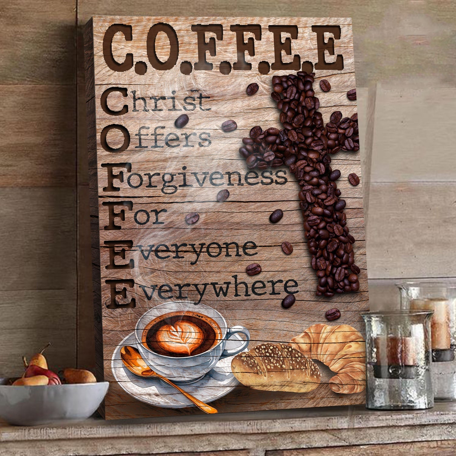 Christ and Coffee III faith canvas wall art with uplifting coffee and faith message