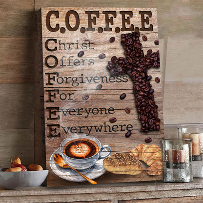Tall brown canvas sign reading C.O.F.F.E.E Christ Offers Forgiveness For Everyone Everywhere with a coffee bean cross