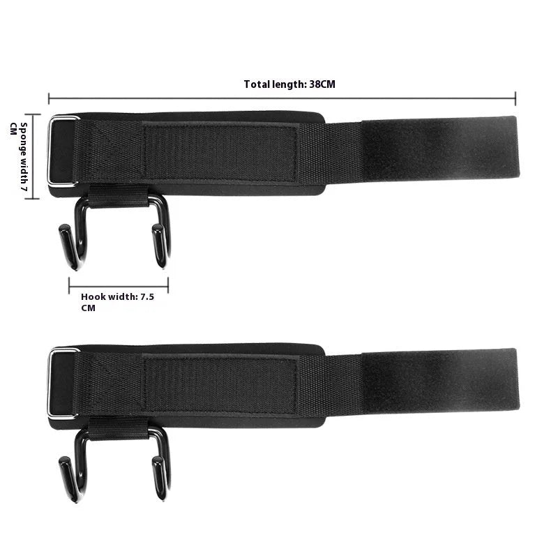 Fitness grip hook wrist strap dimensions showing 38cm total length and 7.5cm hook width with velcro closure