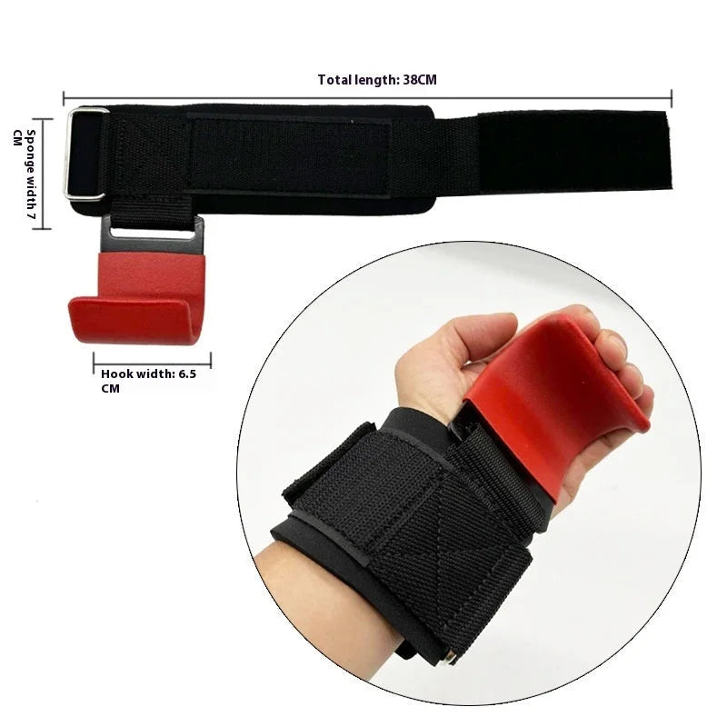 Fitness wrist strap with red foam grip pad showing 38cm adjustable length and secure hook attachment system