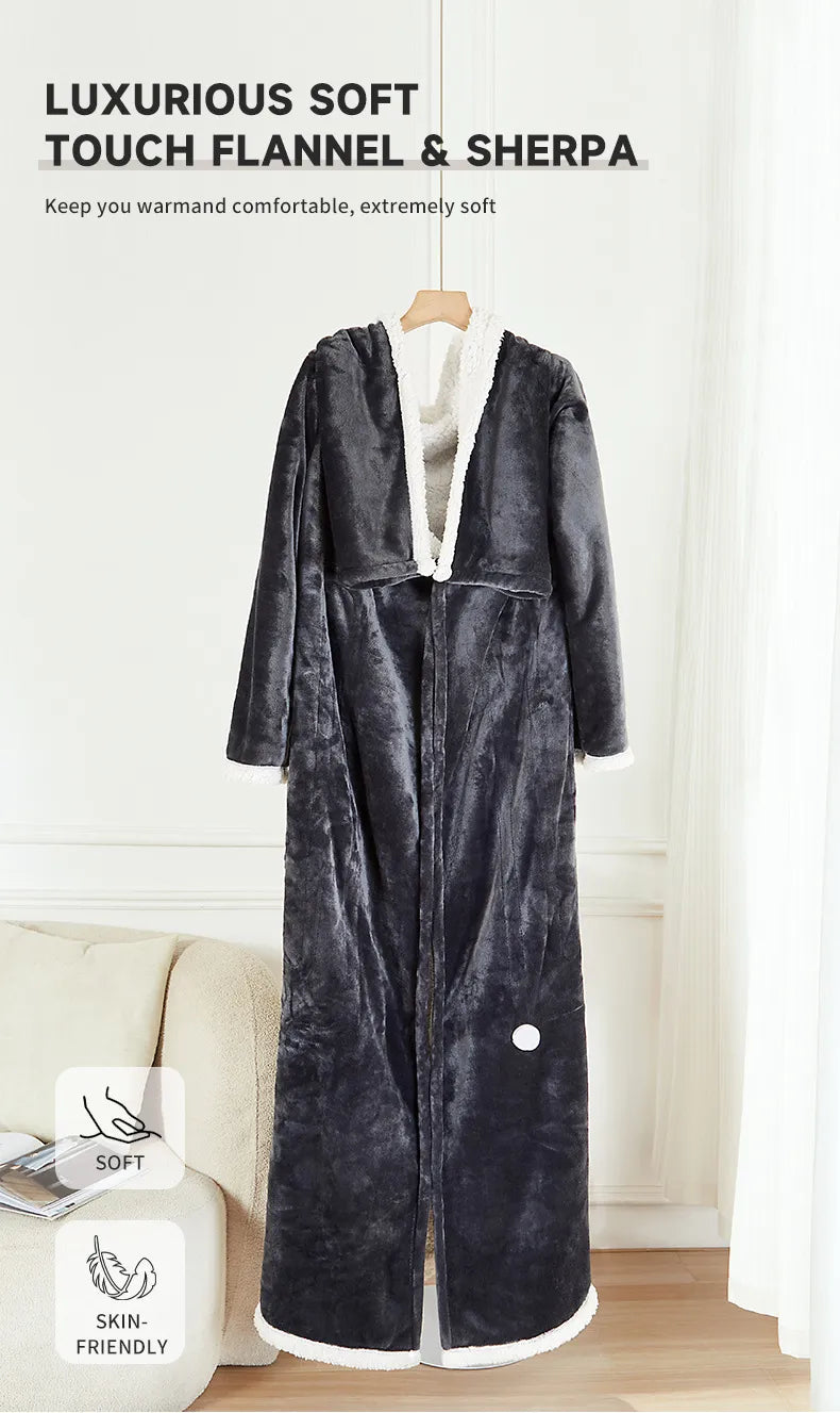 Flannel and sherpa fleece layers of heated wearable blanket