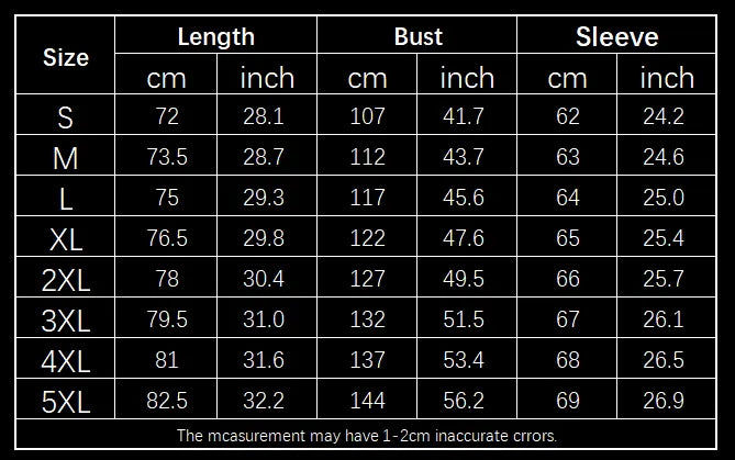 Flannel jacket size chart S to 5XL measurements length chest sleeve inches
