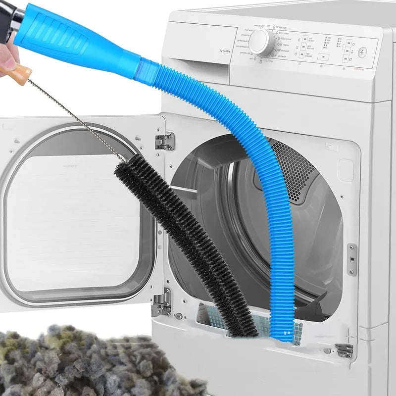 Flexible blue cleaning hose with detachable black bristle brush cleaning inside a washing machine drum