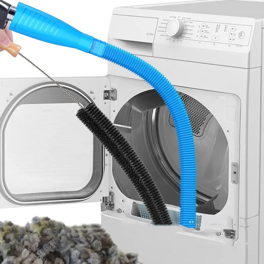Flexible blue cleaning hose with detachable black bristle brush cleaning inside a washing machine drum