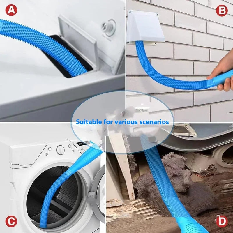Flexible blue dryer vent cleaning hose used in washing machine, wall vent, dryer outlet, and floor lint removal